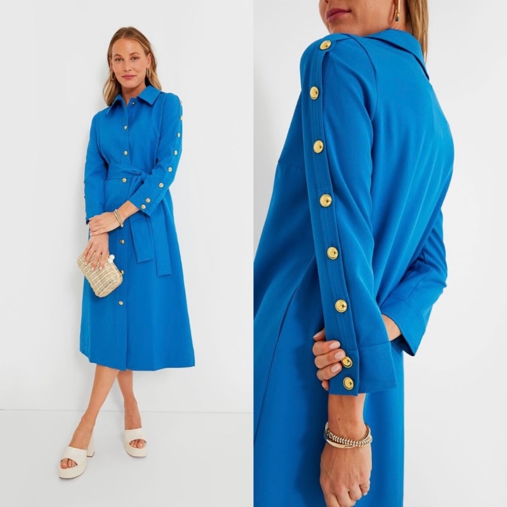 Tuckernuck Baleine Belted Sara Collard Blue Midi Dress Size XXXL Gold Buttons